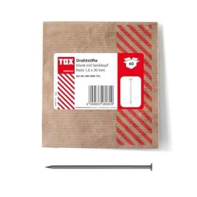 Afbeelding van TOX draadnagels 1,6x30 mm met verzonken kop voor eenvoudige houtverbindingen en vlakke oppervlakken, blank staal, 60 st. in hersluitbare milieuvriendelijke papieren verpakking, 063600152