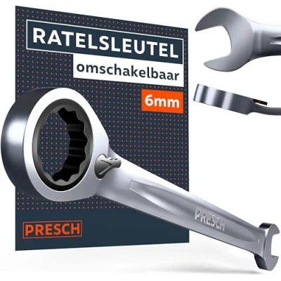 Afbeelding van Presch Ratelsleutel omkeerbar 6mm Minimale terughaalhoek (5, 72 tanden) 15 hoek voor krappe plekken Nauwkeurig gefreesde, duurzame ringsleutel