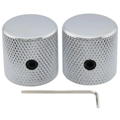 Afbeelding van Musiclily Pro 1/4&quot; Stalen Universele Fijn Knurled Push on Knop Flat Top Knobs met Set Screw voor Elektrische Gitaar of Basgitaar, Chroom (Set van 2)