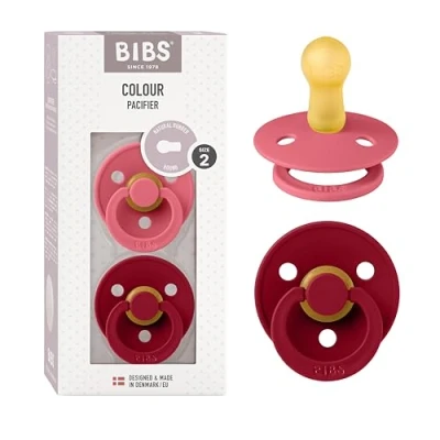 Afbeelding van BIBS Colour Speen verpakking van 2 stuks. BPA vrij, Ronde speen. Natuurlijk rubberlatex, Maat (6 18 maanden), Coral/Ruby