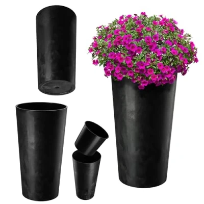 Afbeelding van KADAX bloempot met houtspaanders, elegante uitneembare inzet, bloempotbescherming voor kantoor, bloembak, pot, tuinschaal (beton zwart, diameter 19,5 cm)