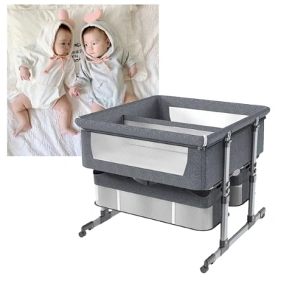 Afbeelding van 4 in 1 babywiegjes nachtkastje, babybedje voor de tweeling, draagbaar tweelingwiegje, verstelbare wiegjes aan het bed baby&#039;s, schommelwieg, verstelbaar bedwiegje met matras, klamboe (Color : Dar