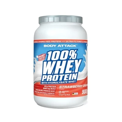 Afbeelding van Body Attack 100% Whey Protein, aardbei, 900 g, Made in Germany, extra romig eiwitpoeder met hydrolysaat en BCAA, ondersteunt spieropbouw diëten