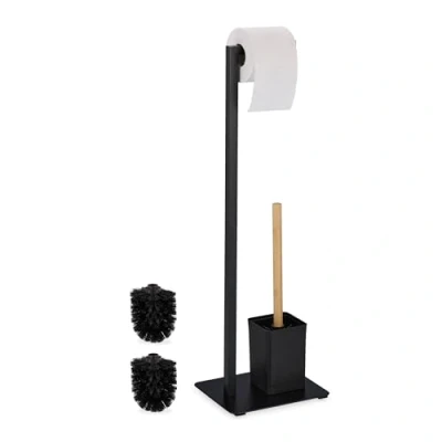 Afbeelding van Relaxdays toiletaccessoires set rvs bamboe staand wc rolhouder toiletborstel
