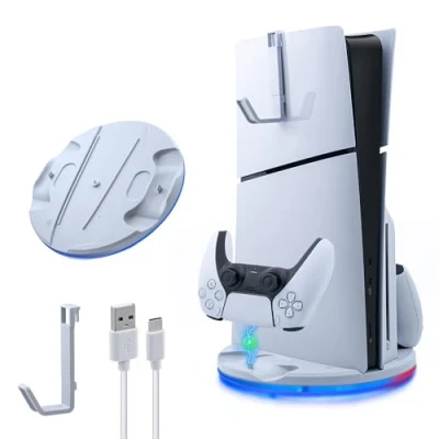 Afbeelding van Mcbazel PS5 Slim Vertical Display Stand with LED Ambient Light, Fast Dual Controller Charging Base Accessories Headphone Hook for Playstation 5 DE/UHD Gaming Console White