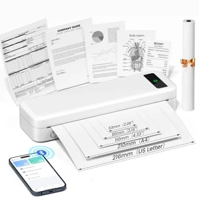 Afbeelding van A4 Inkless 300 DPI draagbare thermische printer, compatibel met iOS, Android, draadloze bluetooth printer voor thermisch papier, 216/210/110/80/53 mm, reizen, kantoor, school, thuis, auto, wit