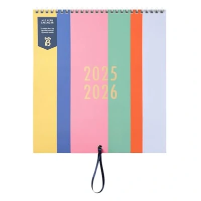 Afbeelding van Busy B Familiekalender voor de muur, halverwege het jaar aug &#039;25 &#039;26 Multi Stripe Design drukke gezinnen met 5 kolommen, opbergzakken, lint ophanglus en kleurgecodeerde stickers 25,5 x