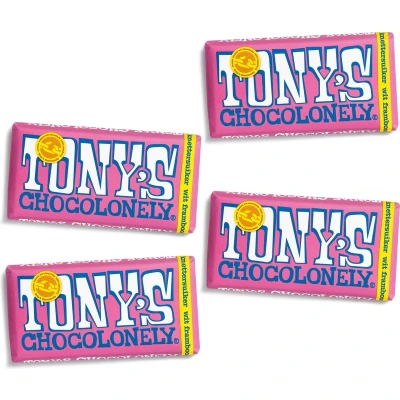 Afbeelding van Tony&#039;s Chocolonely Witte Chocolade Reep met Framboos en Knettersuiker 4 x 180 gram