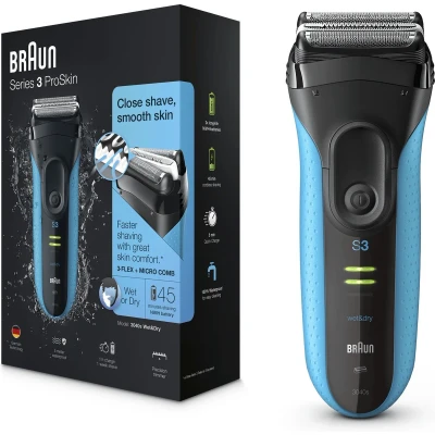 Afbeelding van 6x Braun Elektrisch Scheerapparaat S3 ProSkin 3040s Oplaadbaar Zwart / Blauw