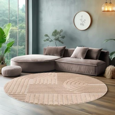Afbeelding van Hoogpolig vloerkleed voor de woonkamer, keukentapijt, slaapkamer tapijt Scandinavisch en boho met 3D ontwerp, kleur: Roos, maat: 80 cm Ronde
