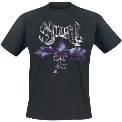 Afbeelding van Ghost Portrait Wide Logo T shirt zwart S Katoen Heren Band merch, Bands, Duurzaamheid