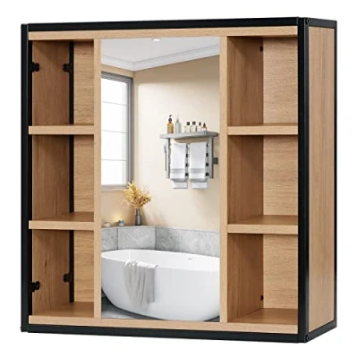 Afbeelding van EUGAD Spiegelkast voor badkamer, badkamerkast met spiegel, kast badkamerspiegel, hangkast de verstelbare planken, van metaal en hout, 60 x 58 16 cm