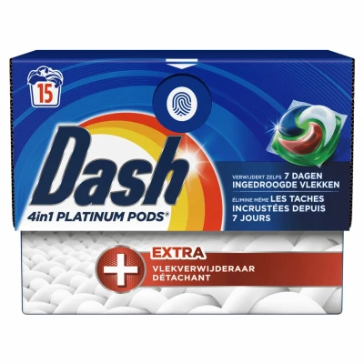 Afbeelding van 4x Dash Wasmiddelcapsules 4in1 Platinum Pods +Extra Vlekkenverwijderaar 15 stuks