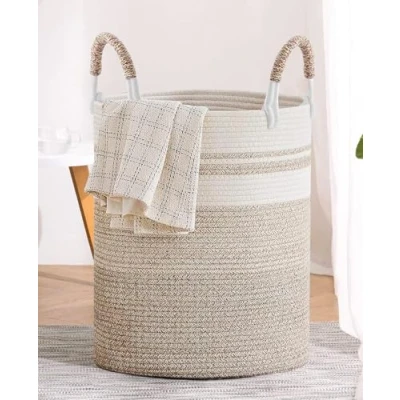Afbeelding van SaiXuan wasmand gevlochten, 50 liter wasverzamelaar met handvat, tweekleurige gevlochten voor slaapkamer, badkamer, speelgoed en opslag, stijlvol duurzaam, 37 x 47 cm