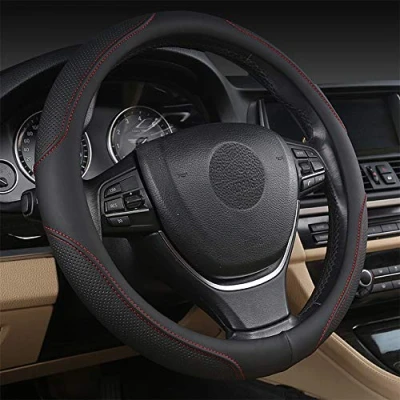 Afbeelding van Microfiber lederen auto stuurhoes, zachte vulling, duurzaam, geen geur, universele 15 inch antislip reliëf patroon A, zwart met rode lijn (zwarte lijn)