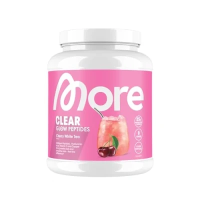 Afbeelding van MORE NUTRITION Clear Glow Peptides, Wei Eiwit Isolaat Poeder, Collageen en Hyaluronzuur, Cherry White Tea, 600 g, 20 porties Whey Lactosevrij Poeder voor Spieropbouw Herstel