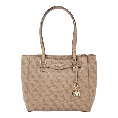 Afbeelding van GUESS Handtas Schoudertas Katya Multi Comp Tote Latte Logo Lichtbruin