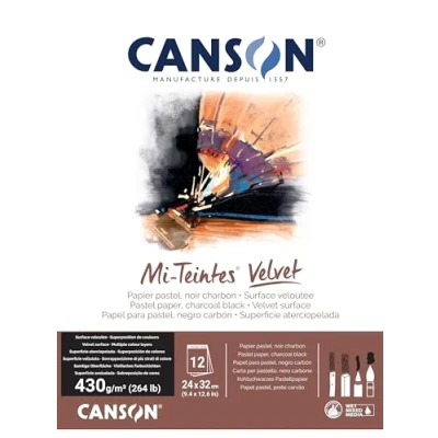 Afbeelding van CANSON Mi Teintes Velvet, pastelpapier, fluweelachtig oppervlak, 430 g/m², blok aan de korte zijde, 24 x 32 cm, zwart, 12 vellen