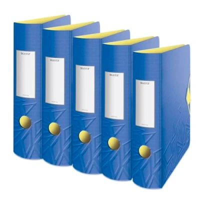 Afbeelding van Leitz Kwaliteitsordner 180 Active, 5 pack, A4, breed, afgeronde rug, 8,2 cm elastische bandsluiting, licht polyfoam, plastic map, Urban Chic serie, blauw, 11160032
