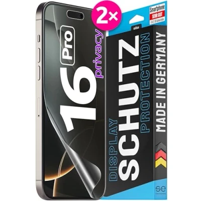 Afbeelding van 2x se® 3D beschermfolie Privacy voor Apple iPhone 16 Pro, zelfherstellend, 100% vingerafdruk &amp; FaceID compatibel, eenvoudige luchtbelvrije installatie, ultra helder, stoot krasbestendig, uit Duitsland