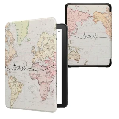 Afbeelding van kwmobile E reader hoesje geschikt voor Amazon Kindle Paperwhite (12. Gen 2024)/Kindle Colorsoft hoes flip case met magnetische sluiting Ereader cover Travel Wereldkaart design in zwart / meerkleurig