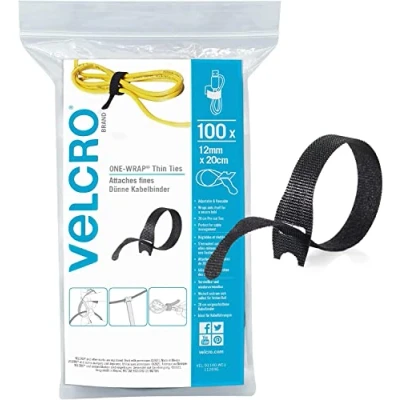 Afbeelding van VELCRO Merk ONE WRAP Herbruikbare dunne stropdassen Multifunctionele Perfecte bureauaccessoires voor kabelbeheer en woningverbetering Zwart 12 mm x 20 cm 100 stuks