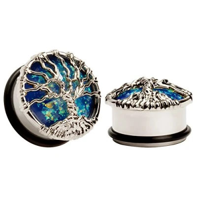 Afbeelding van KUBOOZ Oordopjes Blauwe Planeet Zilveren Boom Tunnel Meetinstrumenten dragen Piercings Sieraden, Synthetische opaal, roestvrij staal