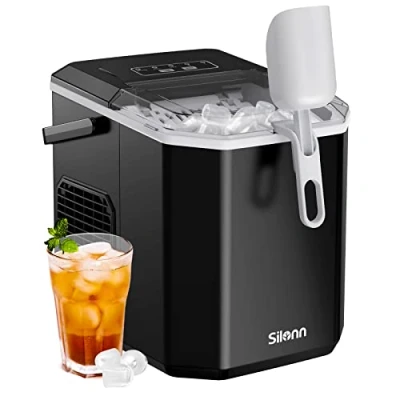 Afbeelding van Silonn IJsblokjesmachine, kleine ijsblokjesmachine met draaggreep, zelfreinigende mand en schep, 9 ijsblokjes in 6 minuten, 12 kg per dag, ideaal voor thuis, keuken, camping,