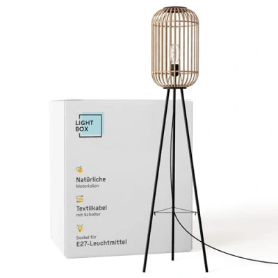 Afbeelding van Lightbox Stehlampe mit Rattan Lampenschirm Dreibein Standleuchte Fuß Druck Schalter als Schlafzimmer oder Wohnzimmer Deko E27 Fassung aus Metall &amp; Bambus in Schwarz Hell Braun