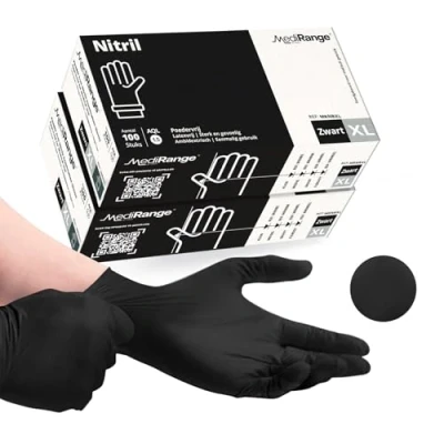 Afbeelding van Farla Medical MediRange Disposable Extra Large Nitrile Gloves Powder Free and Latex Surgical Multi Purpose, Single Use Box of 200, Black
