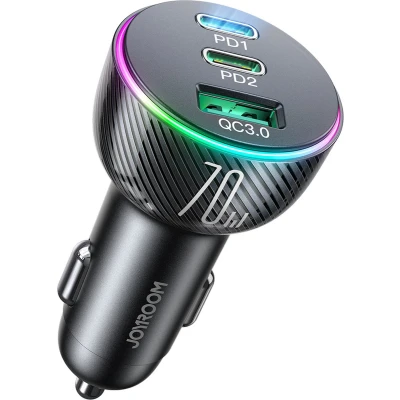 Afbeelding van Joyroom Autolader USB C 3 in 1 Oplader 70W Snellader RGB Zwart