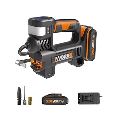 Afbeelding van WORX Draadloze luchtcompressor en led schijnwerper 150 PSI 20V 2Ah WX092 (geleverd met accu snellader, levering fiets/auto adapter, autobanden oppompen in 2 min40s)