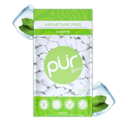 Afbeelding van PUR 100% Xylitol Chewing Gum, Sugarless Coolmint, Sugar Free + Aspartame Free, Vegan &amp; Keto Friendly Teeth Whitening Relieves Dry Mouth Pure Natural Flavoured Candy, 55 Count (Pack of 1)