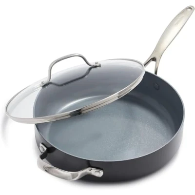 Afbeelding van GreenPan Valencia Pro Harde Geanodiseerde Gezond Keramisch Antiaanbaklaag 28 cm/4,2 Liter Sauteerpan met Deksel, PFAS Vrij, Inductie, Vaatwasmachinebestendig, Ovenveilig, Grijs