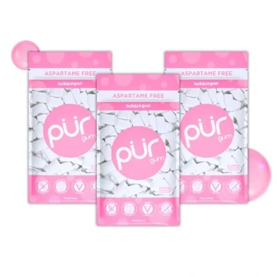 Afbeelding van PUR Gum Suikervrije Kauwgom 100% Xylitol Veganistisch, Aspartaamvrij &amp; Glutenvrij Natuurlijke Bubblegum Smaak Kauwgom, 55 Stuks (Pak van 3)