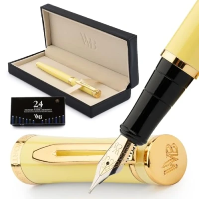 Afbeelding van Wordsworth &amp; Black Vulpenset, 18K vergulde medium penpunt, inclusief 24 stuks inktcartridges, inktnavulconverter en geschenkdoos, gouden afwerking, kalligrafie [geel], perfect voor mannen vrouwen