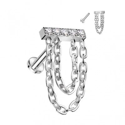 Afbeelding van Piercing balkje gemmed met ketting hanger 1.2x6