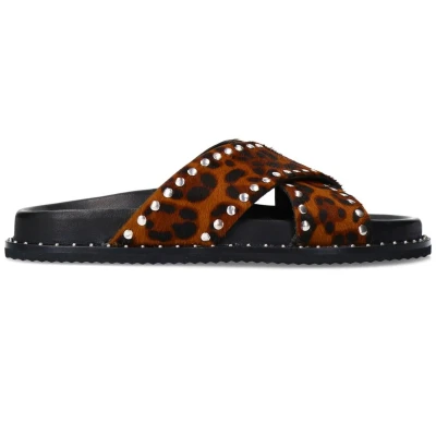 Afbeelding van Sacha leren slippers met panterprint cognac