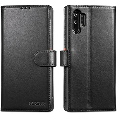Afbeelding van LENSUN beschermhoes voor Samsung Galaxy Note 10 + (Plus), van echt leer, portefeuille, RFID blokkering, kaartvakken en magneetsluiting Plus 5G, zwart