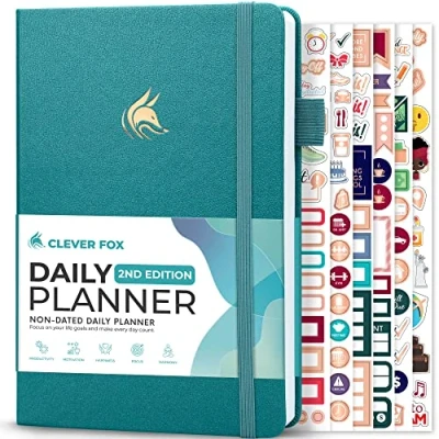 Afbeelding van Clever Fox Dagelijkse planner 2e editie ongedateerde tijdblokkeertaakorganisator met uurschema en takenlijst A5, 6 maanden (aquamarijn)