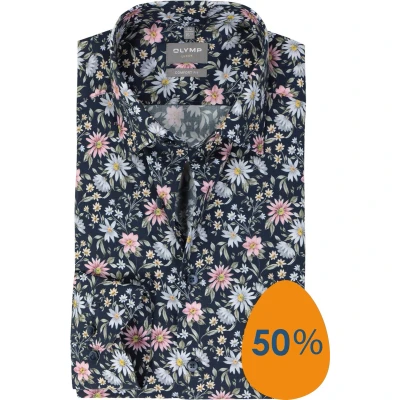 Afbeelding van OLYMP comfort fit overhemd popeline marine blauw dessin Strijkvrij Boordmaat: 40