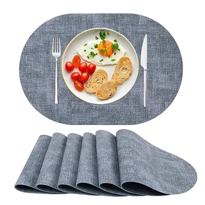 Afbeelding van Placemats PU lederen placemats, wasbare hittebestendige tafelmatten, set van 6, antislip, voor eetkamer, keuken, ovaal, blauw