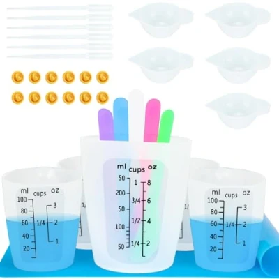 Afbeelding van Creahaus Siliconen maatbekers Tool Kit voor Hars, Non Stick Zwart Nummer 250 &amp; 100ml Epoxyhars Mengbekers, Herbruikbare Hars Accessoires met Mat, Roer Sticks, Pipetten, Kleur Cups
