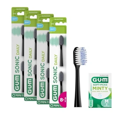 Afbeelding van GUM Sonic Daily vervangende borstelkoppen voor sonische tandenborstel/zachte, microfijne borstelharen een zachte, grondige reiniging, elke dag / 4 x 2 stuks (zwart) +1 gratis samp
