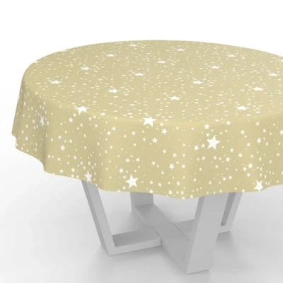 Afbeelding van ANRO Wasdoek tafelkleed, afwasbaar, tuintafelkleed, waterafstotend, rond, 120 cm, snijrand, sterren, beige
