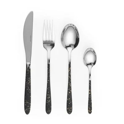 Afbeelding van Salter BW09496 16 delige bestekset in zilver en zwart, inclusief handgrepen goudkleurig spikkeldesign, roestvrijstalen servies, 4 messen, vorken, eetlepels, theelepels