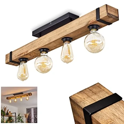 Afbeelding van plafondlamp Montgomery, moderne van metaal/hout in zwart/natuur, lamp met houten stang vintage design, 4 lampen, x E27, zonder gloeilampen