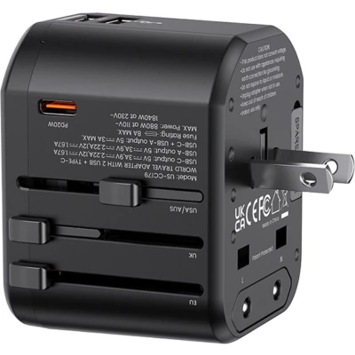 Afbeelding van USAMS Wereldstekker 20W EU / UK VS AU 2x USB C A PD Zwart