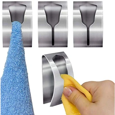 Afbeelding van Tatkraft IDA Set van 4 Zelfklevende Handdoekhouder Haakjes Wand Ophang Haak Zelfklevend Keuken Ophanghaak Zonder Boren Theedoek/Handdoek Klem RVS