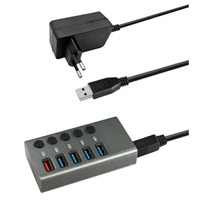 Afbeelding van Transmedia CH 10 L USB HUB 3.0, 5 poorten met schakelaar en LED indicator, inclusief 12V/4A voeding, 4x gegevensoverdracht 1x snellaadfunctie, geschikt voor laptop pc